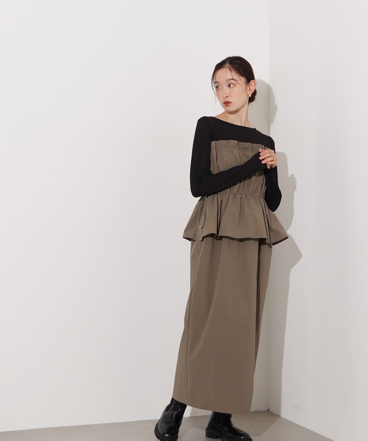  「ドロストコードドッキングワンピース長袖」|ワンピース|