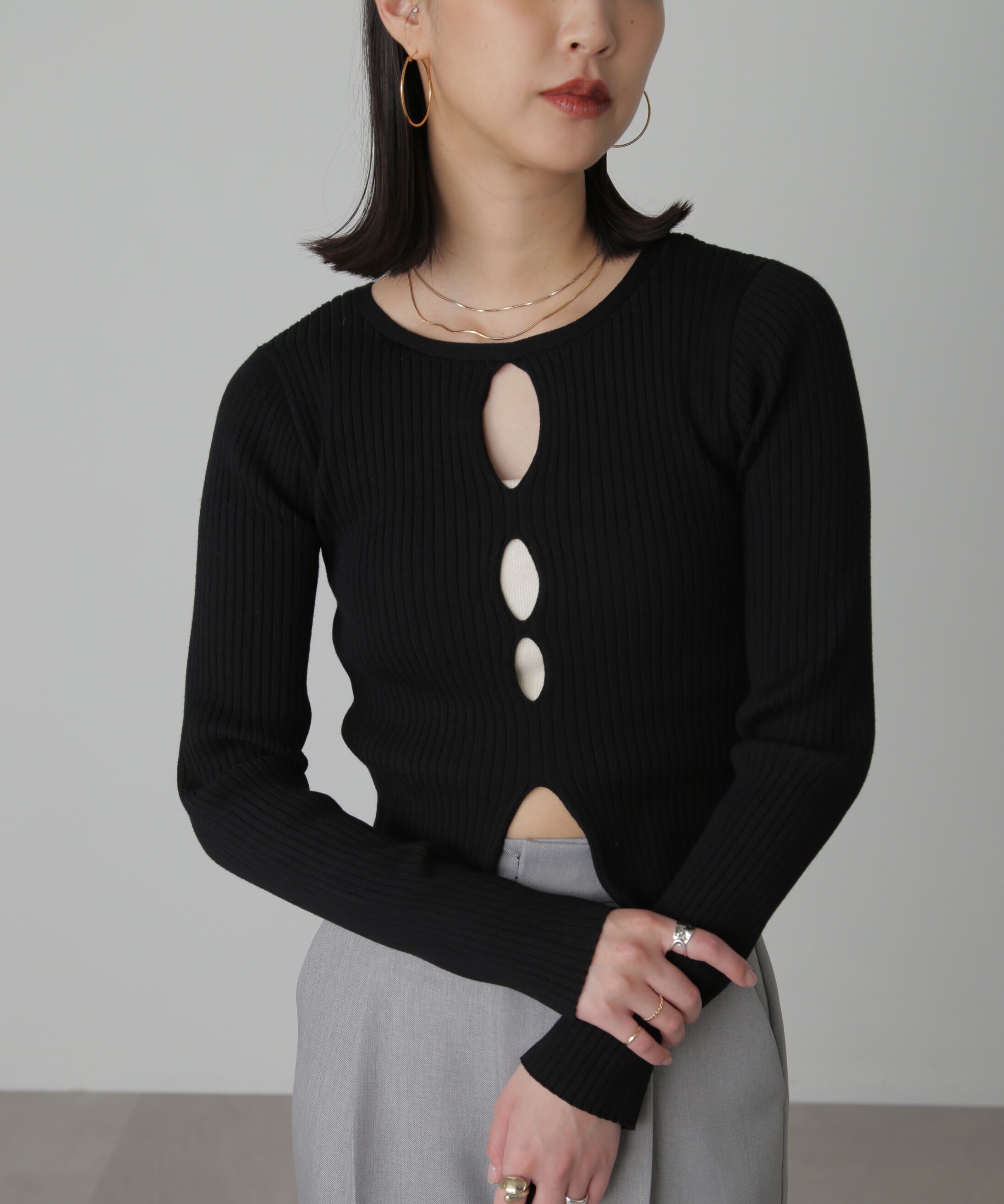  「前後2Wayスリットカットアウトリブニット」|ニット・セーター|