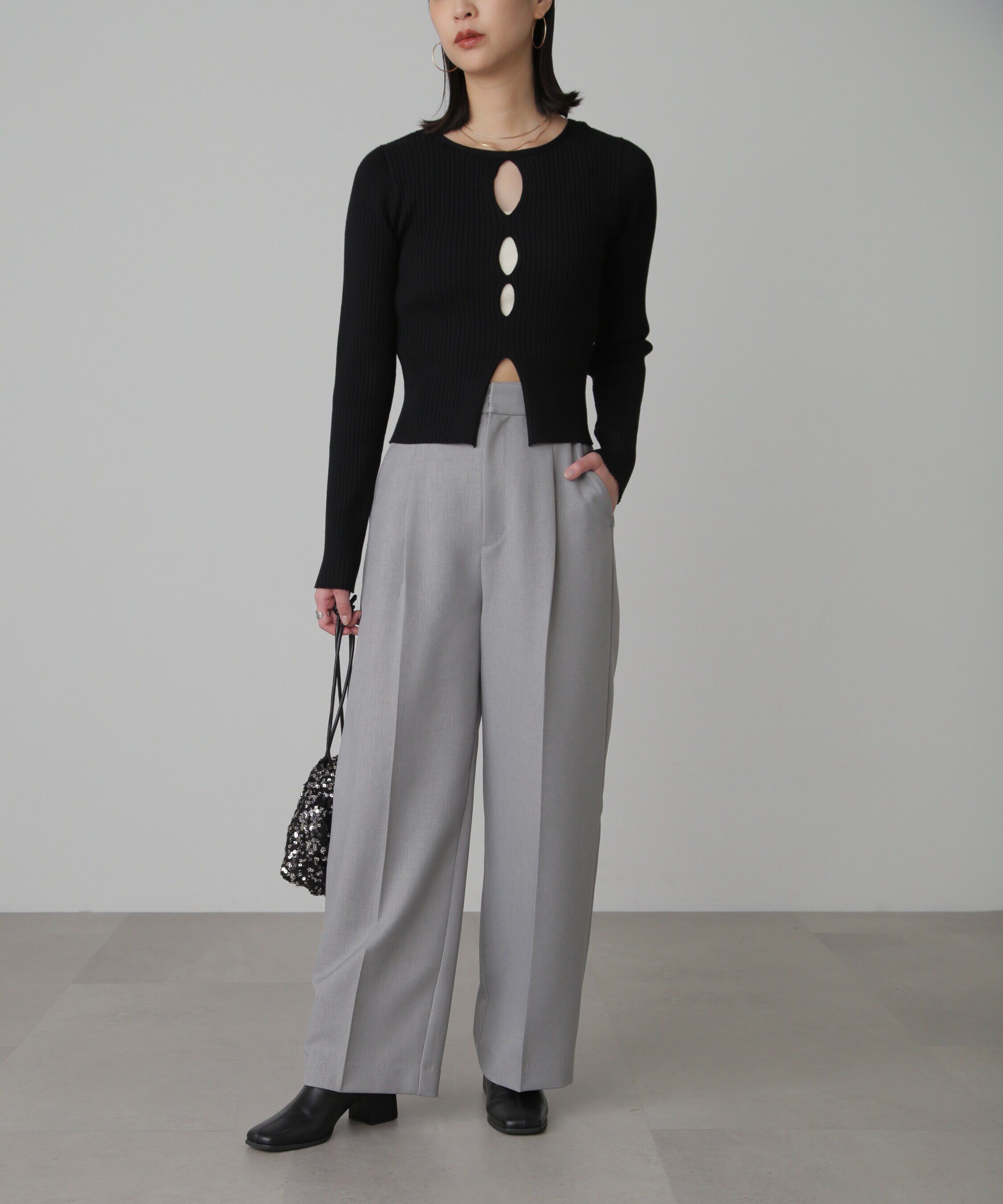  「前後2Wayスリットカットアウトリブニット」|ニット・セーター|