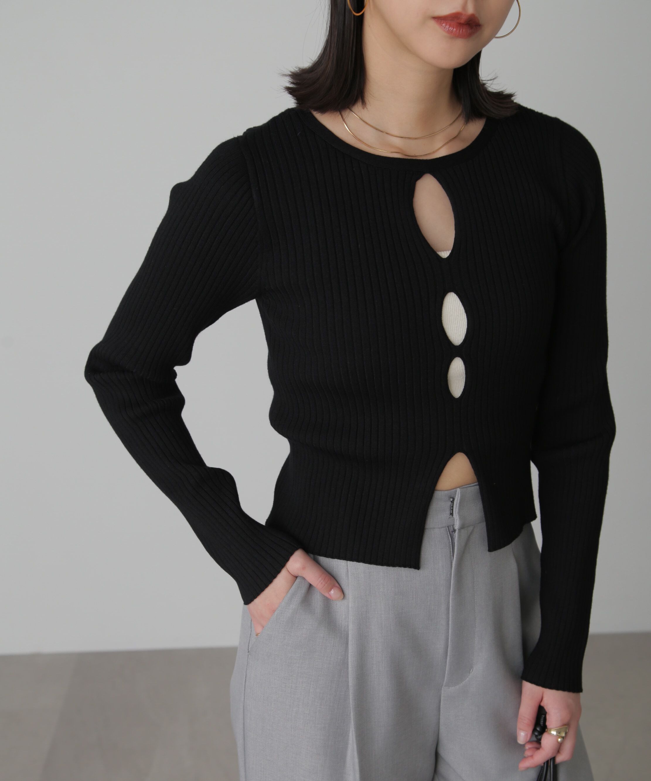  「前後2Wayスリットカットアウトリブニット」|ニット・セーター|