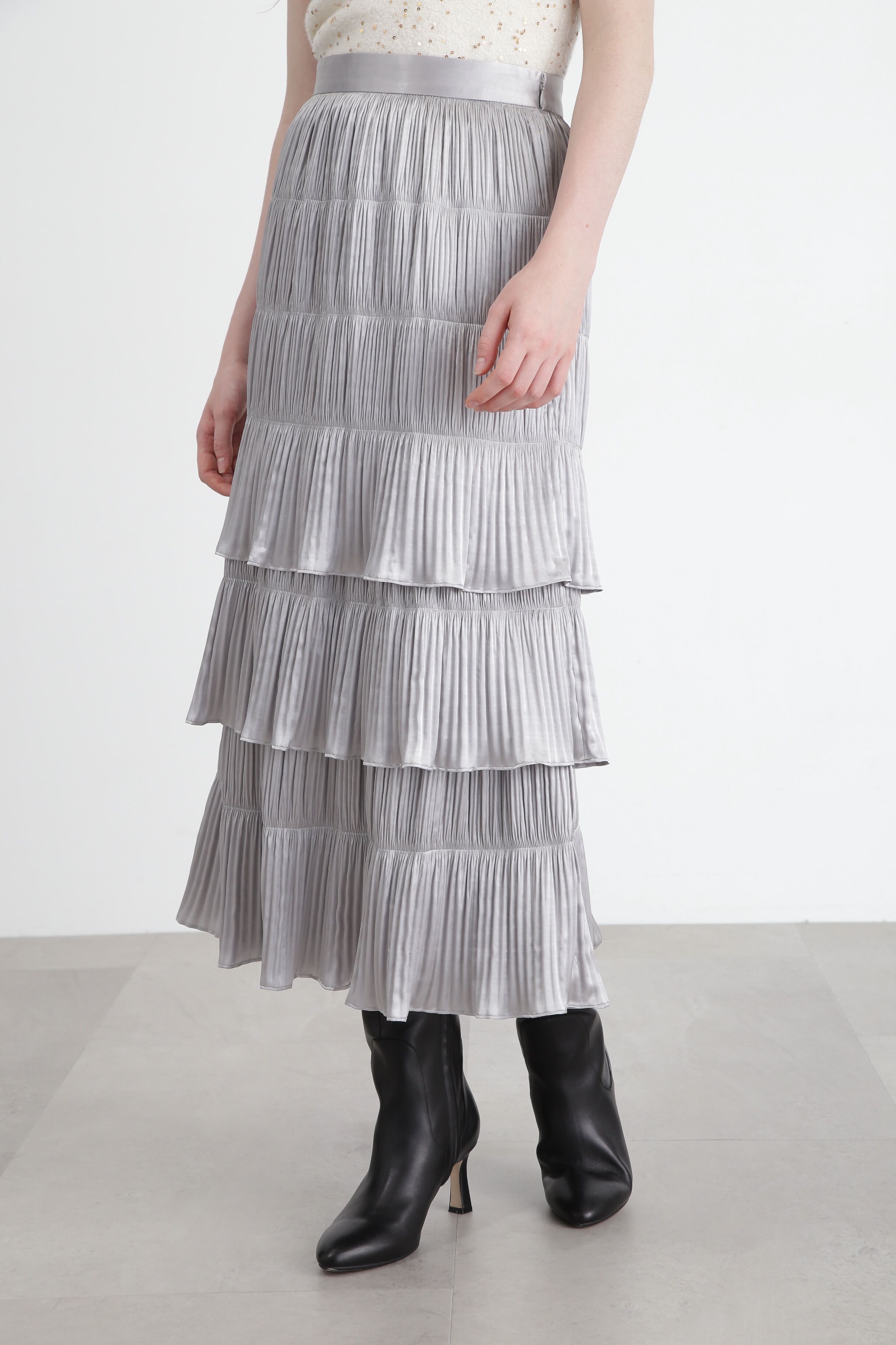  「◆クリスタルプリーツティアードスカート」|スカート|グレー
