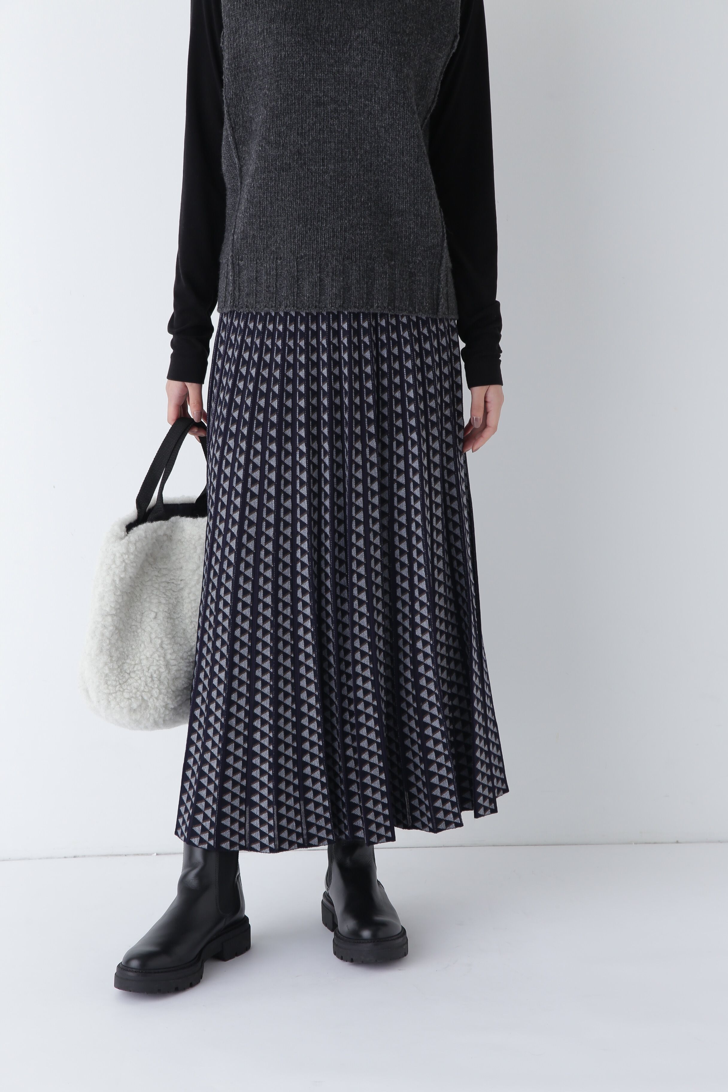 「◆幾何柄ジャガードプリーツスカート」|スカート|ネイビー3