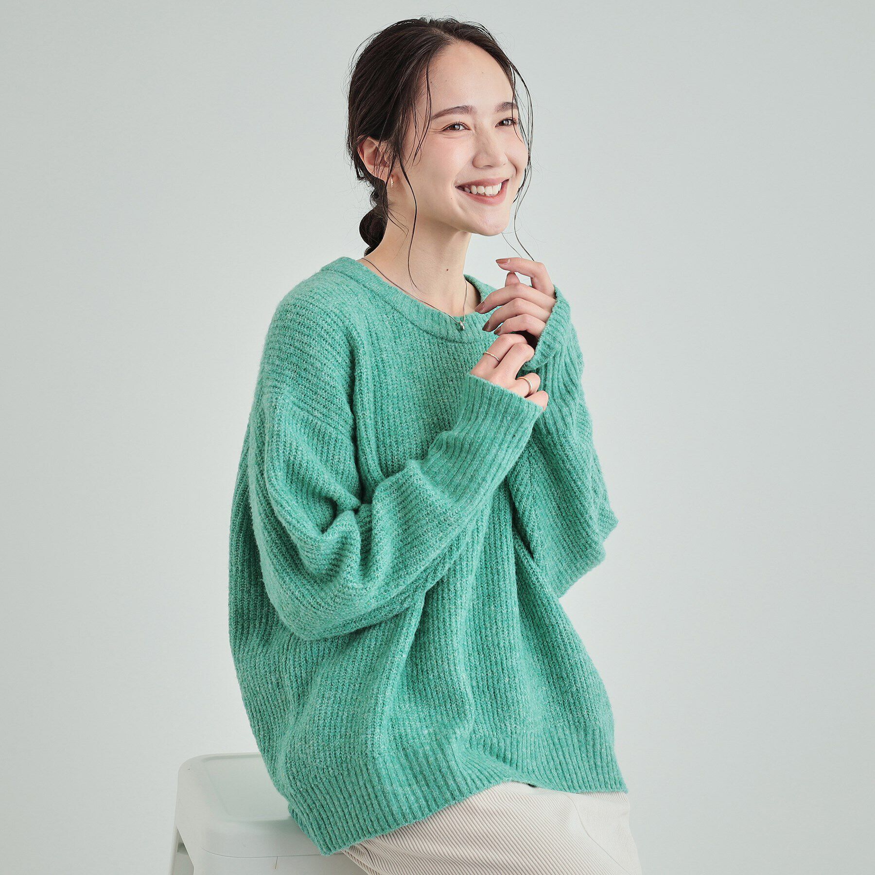 SHOO･LA･RUE「【高レビュー】大人フェミニン ふわふわ畦編み ゆるニット」|ニット・セーター|グリーン(022)