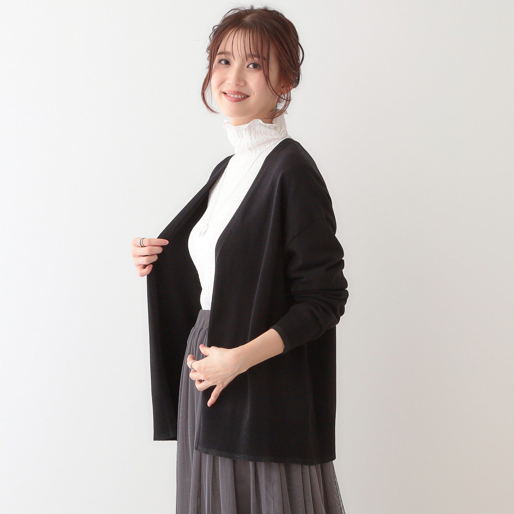 SHOO･LA･RUE「【S-LL】リブのラメが華やかな トッパー ニットカーディガン」|カーディガン|