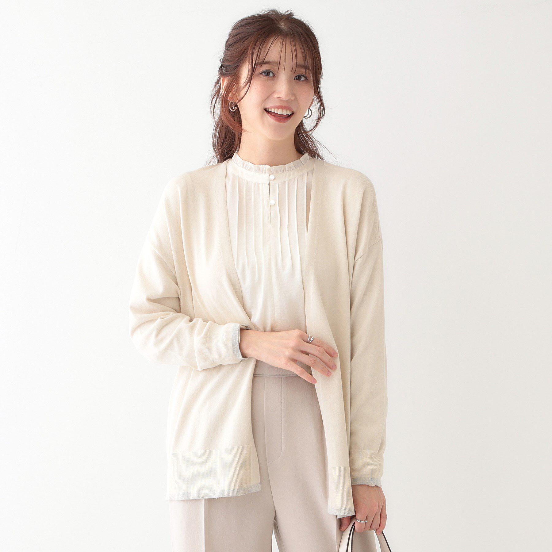 SHOO･LA･RUE「【S-LL】リブのラメが華やかな トッパー ニットカーディガン」|カーディガン|