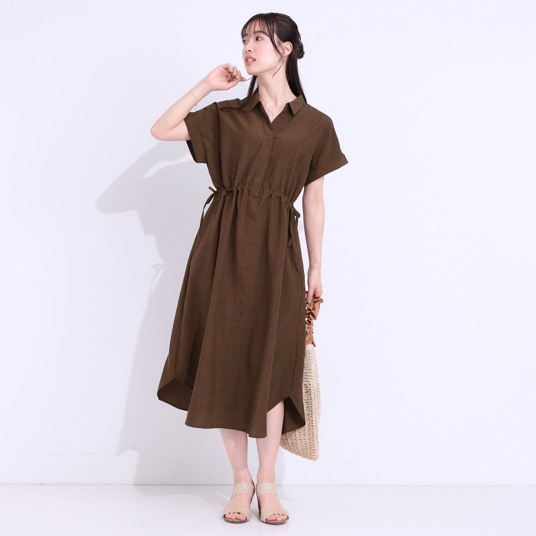 SHOO･LA･RUE「【S-LL】お顔周りすっきり 麻調スキッパーシャツワンピース」|ワンピース|