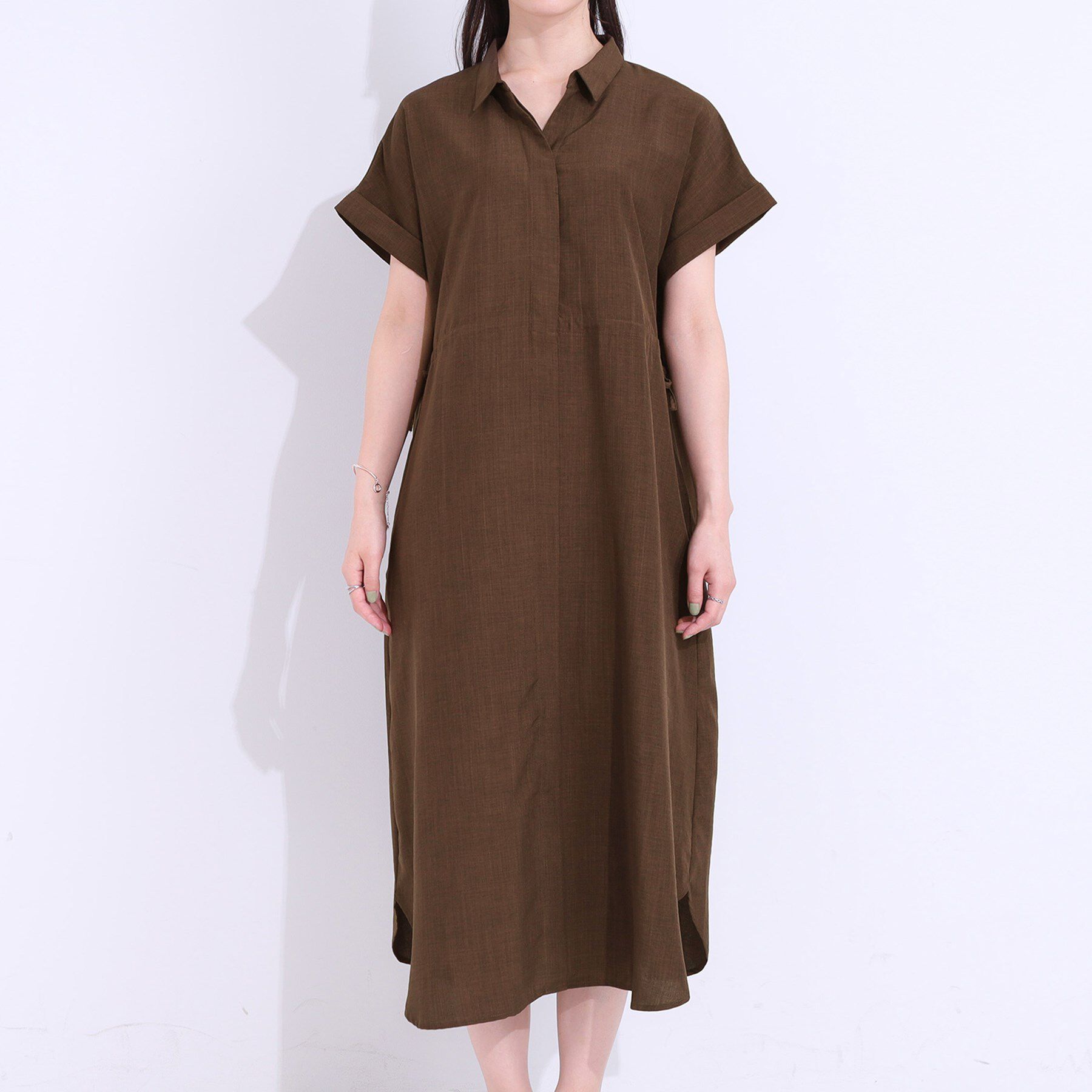SHOO･LA･RUE「【S-LL】お顔周りすっきり 麻調スキッパーシャツワンピース」|ワンピース|