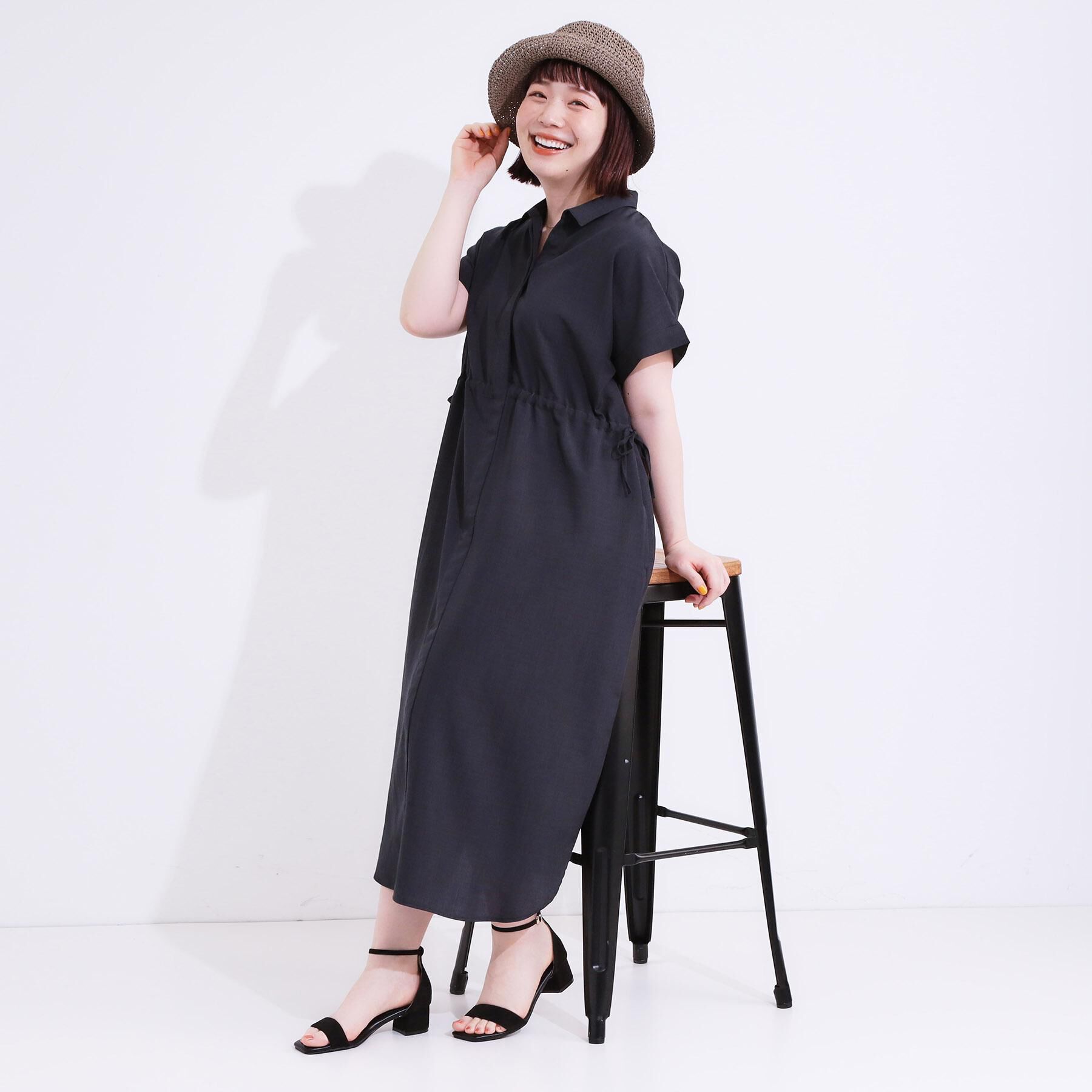 SHOO･LA･RUE「【S-LL】お顔周りすっきり 麻調スキッパーシャツワンピース」|ワンピース|