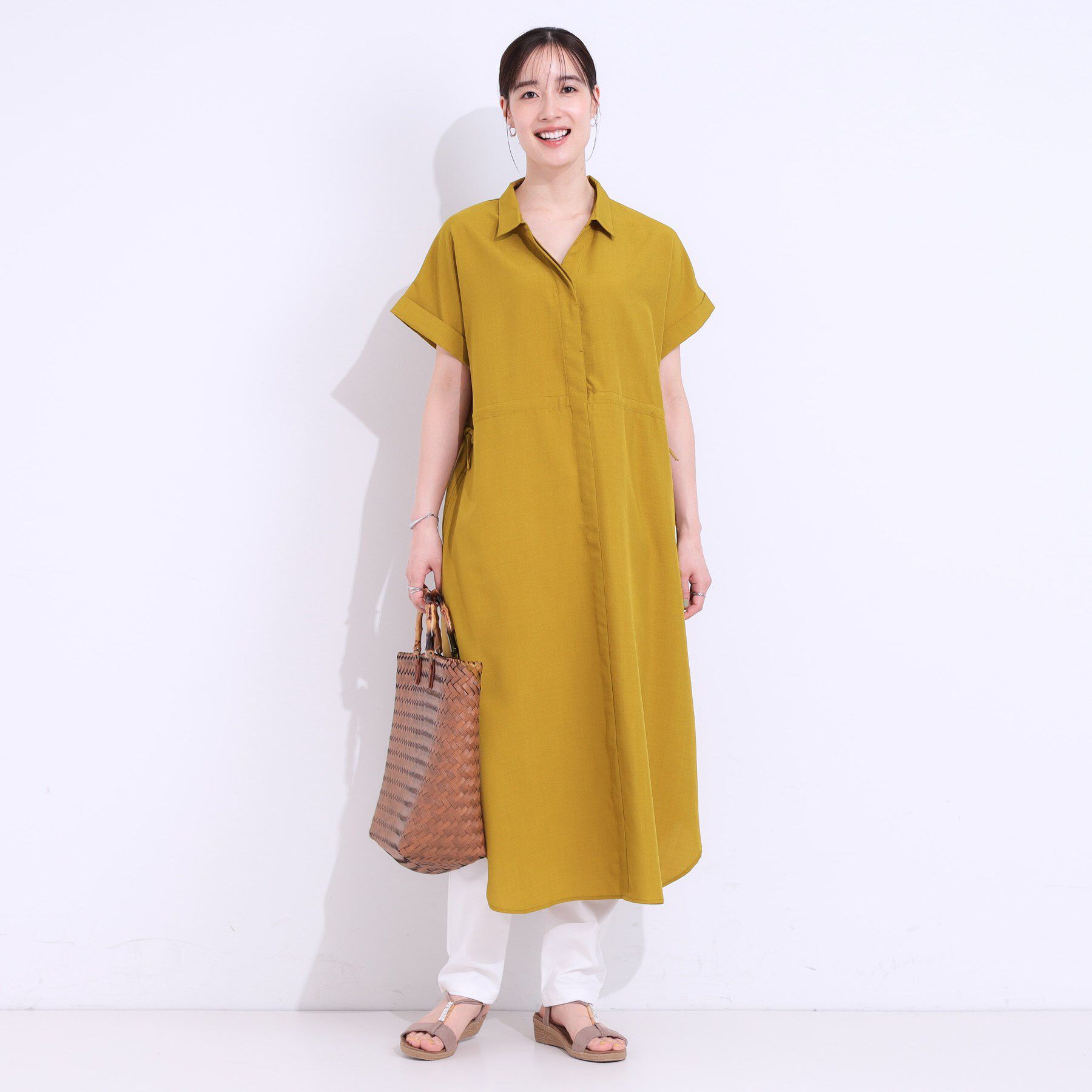 SHOO･LA･RUE「【S-LL】お顔周りすっきり 麻調スキッパーシャツワンピース」|ワンピース|