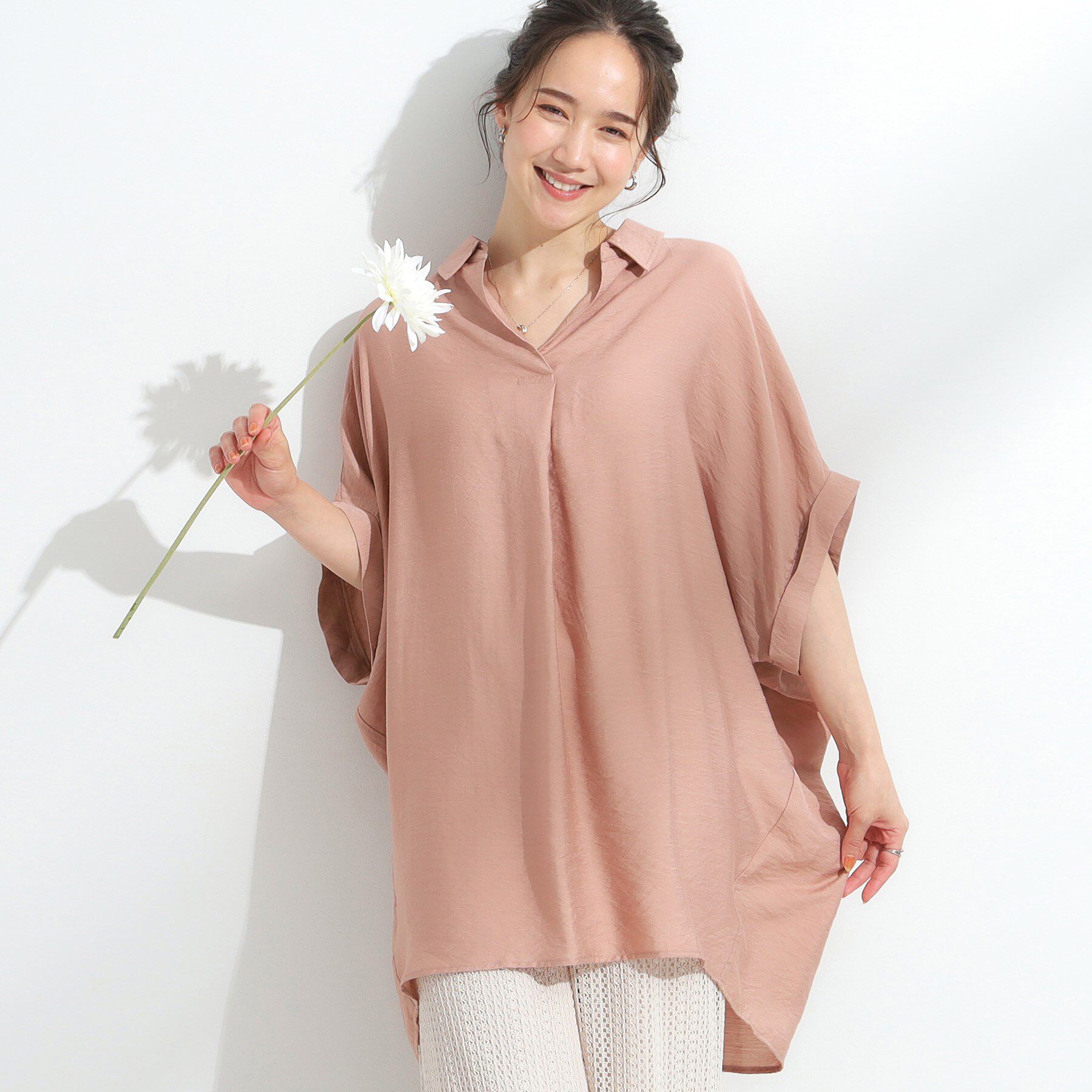 SHOO･LA･RUE「【ひんやり/S-LL】すっきりきれいに体型カバー コクーンシルエットワンピース」|チュニック|オレンジ(065)