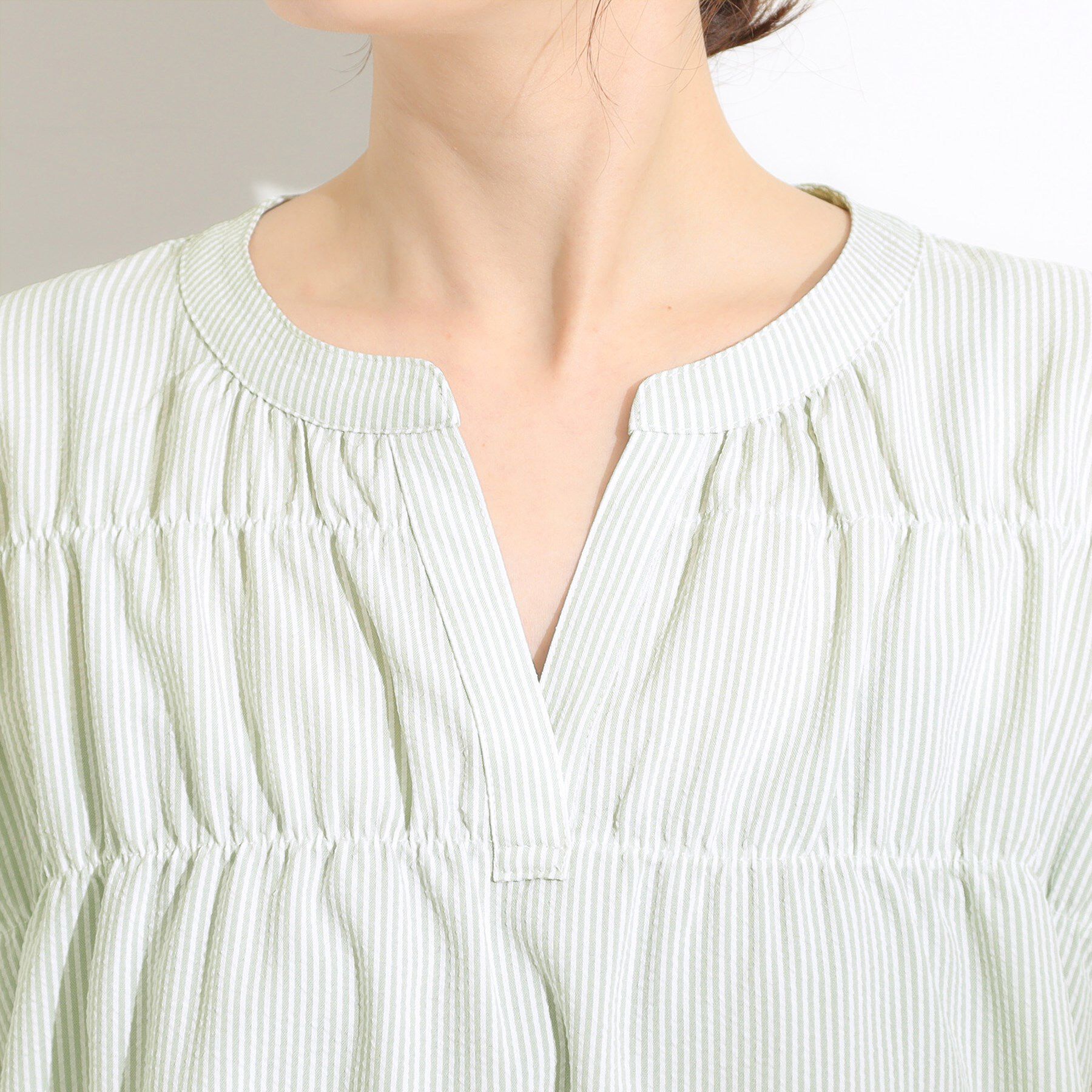 SHOO･LA･RUE「【S-LL/ひんやり/体型カバー】サッカーストライプ Aラインチュニックブラウス」|チュニック|