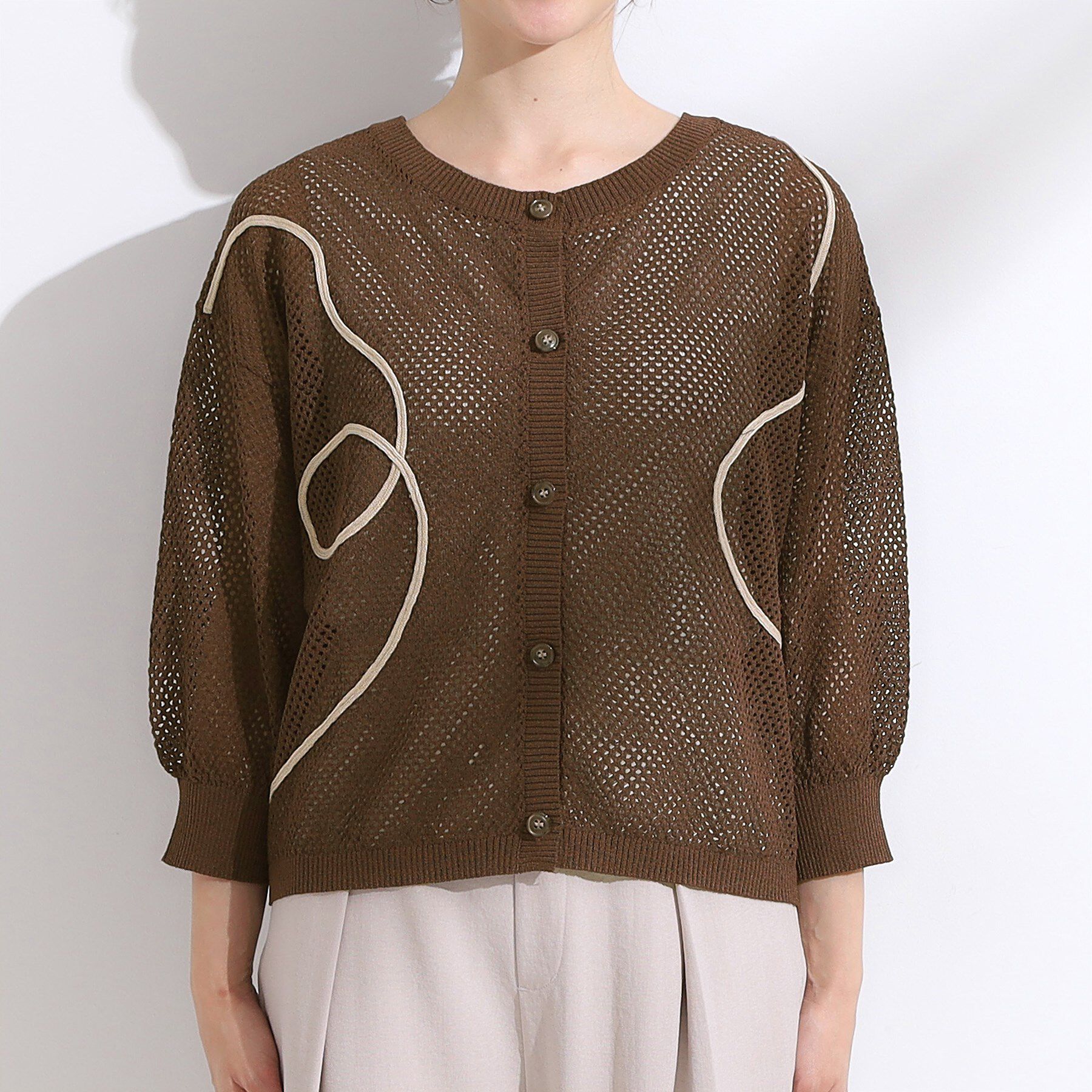 SHOO･LA･RUE「【前後2WAY/S-LL】にょろにょろ刺繍メッシュカーディガン」|カーディガン|