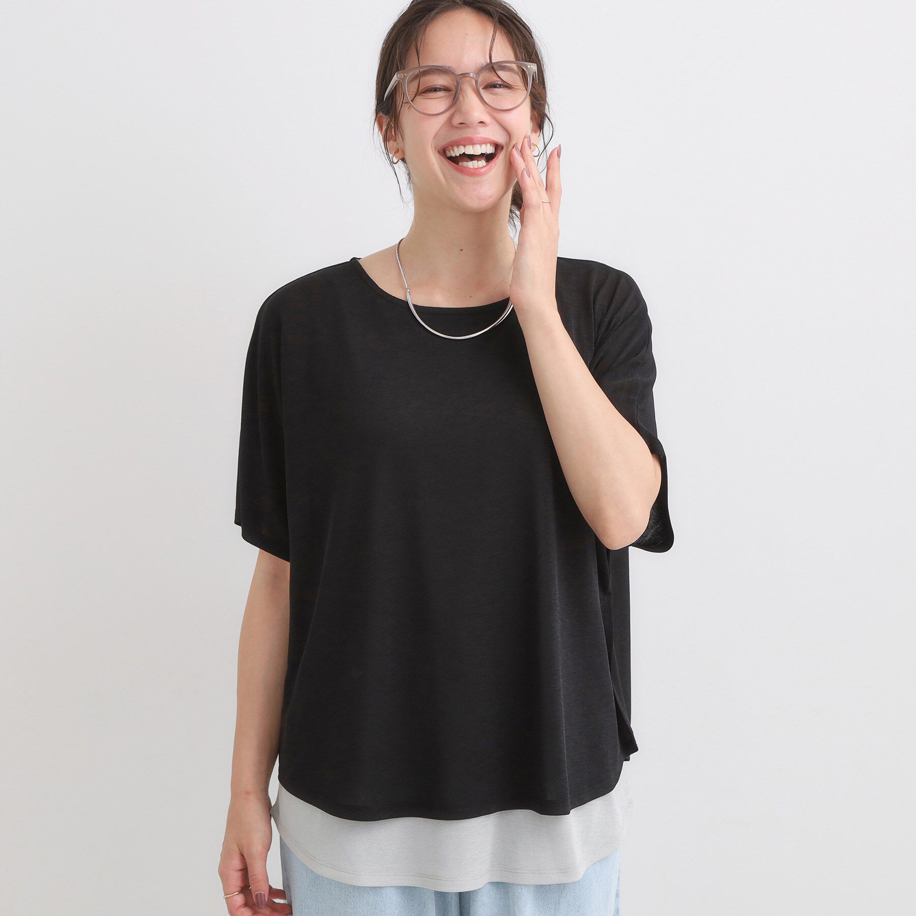 SHOO･LA･RUE「【S-LL/ひんやり/体型カバー】着るだけでサマ見え レイヤードトップス」|Tシャツ・カットソー|ブラック(519)