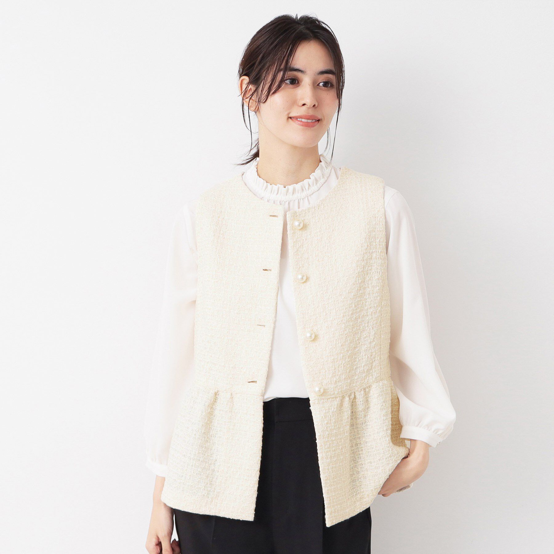 Dessin「【入卒/セレモニー】パール調ボタン付きペプラムツイードジレ」|ベスト・ジレ|