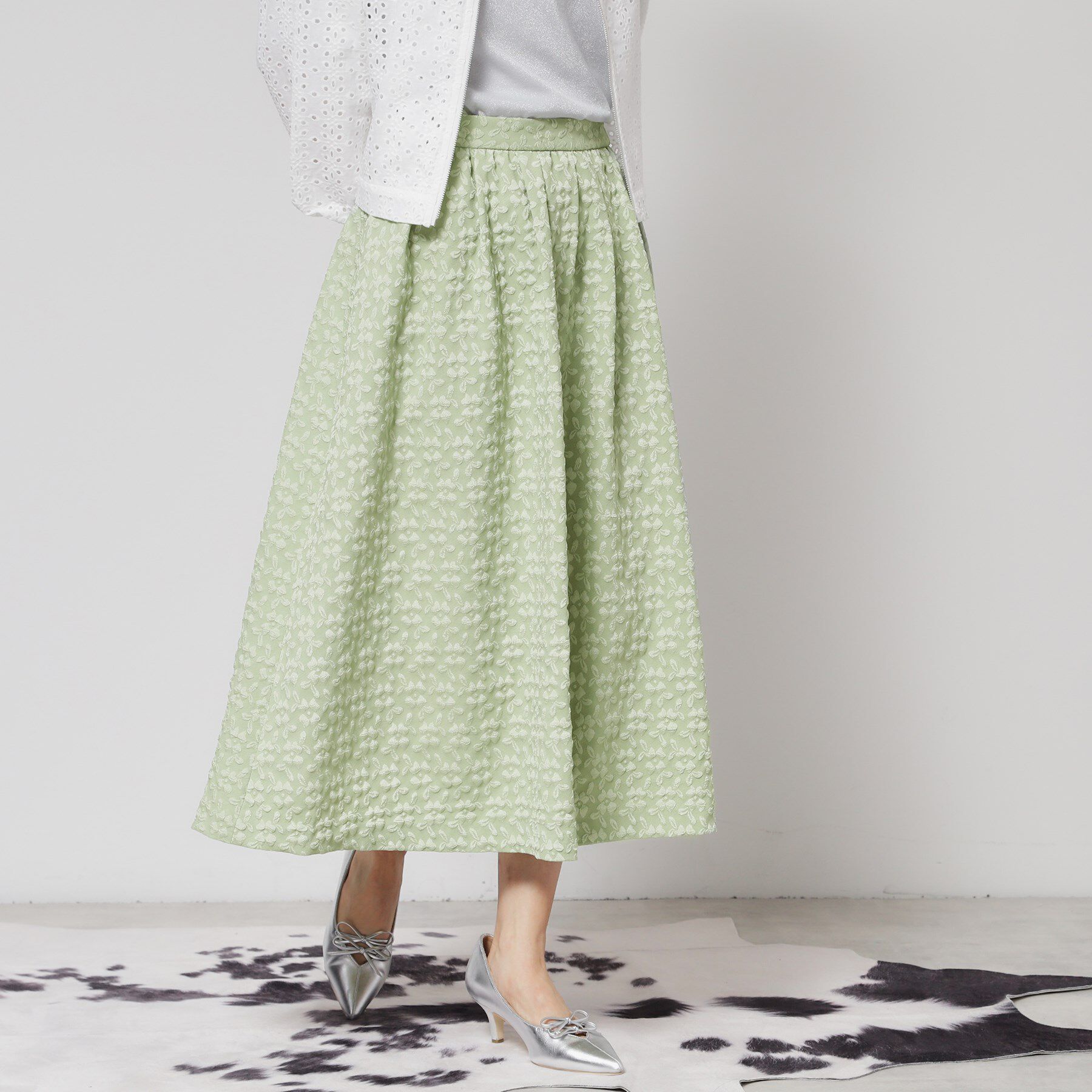 SunaUna「【花柄ジャカード／ふんわり】タックフレアスカート」|スカート|ミントグリーン(02