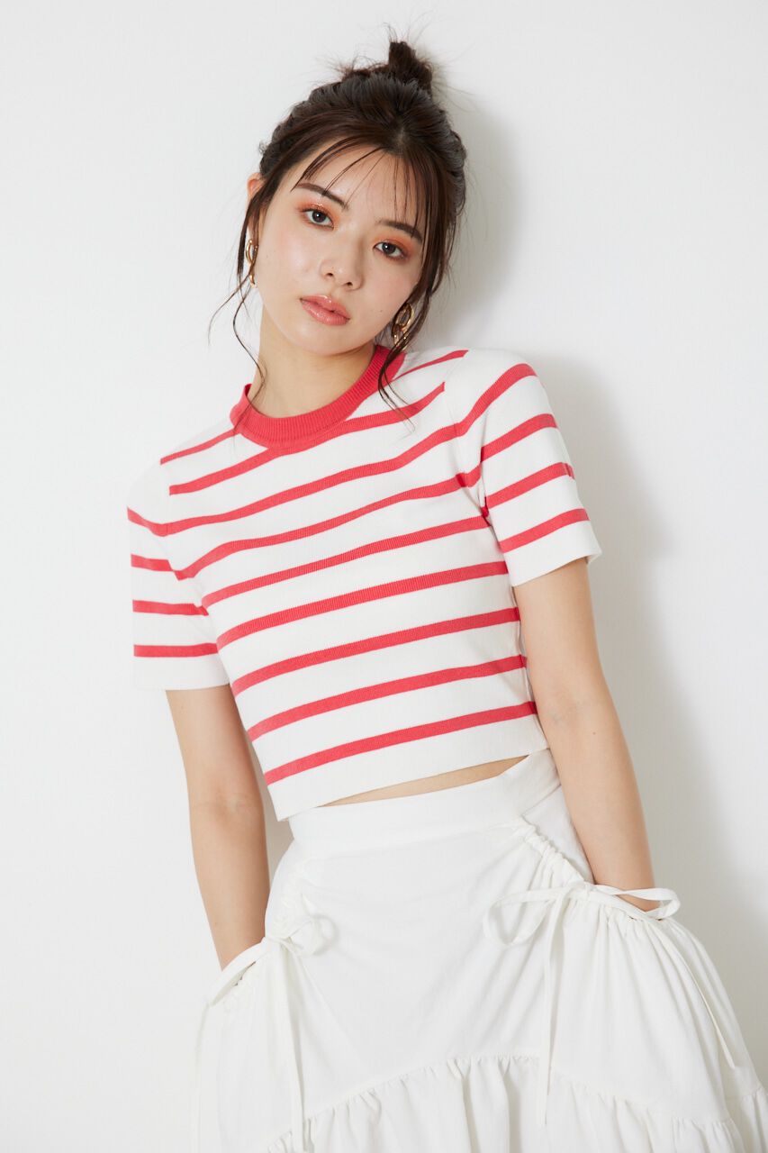 rienda「ボーダーショートKnit TOP」|ニット・セーター|RED