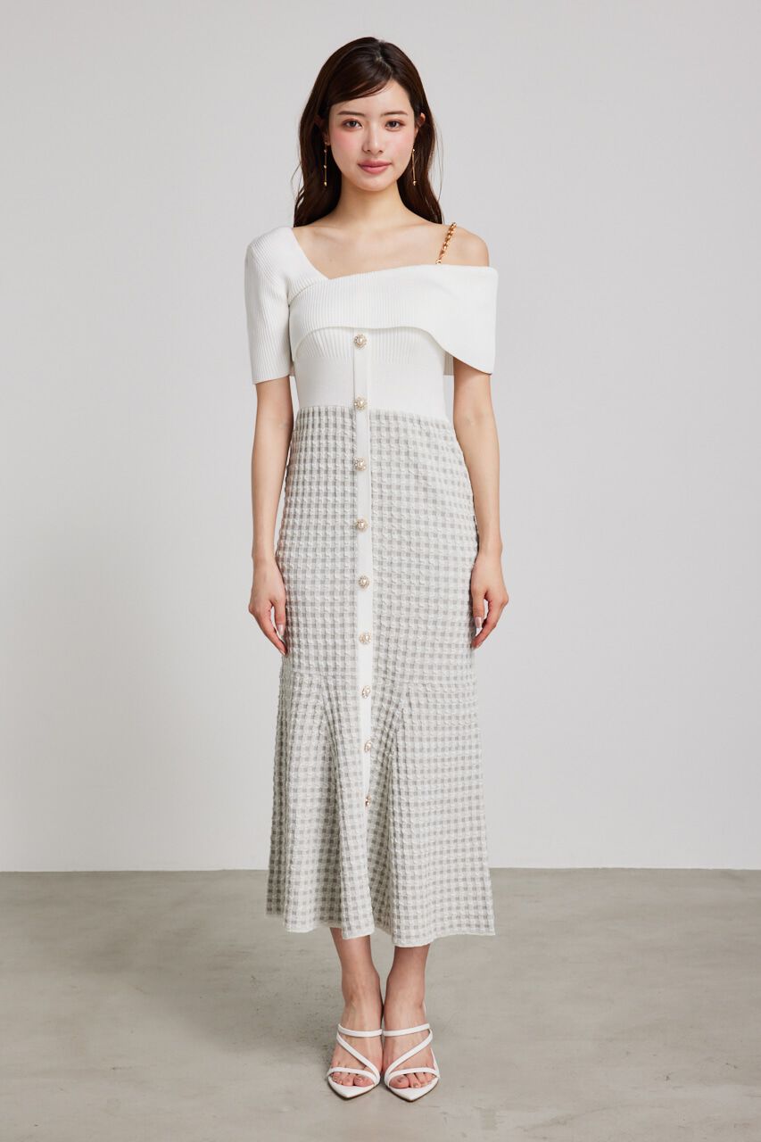 rienda「アシンメトリーツイードハーフKnit OP」|ワンピース|