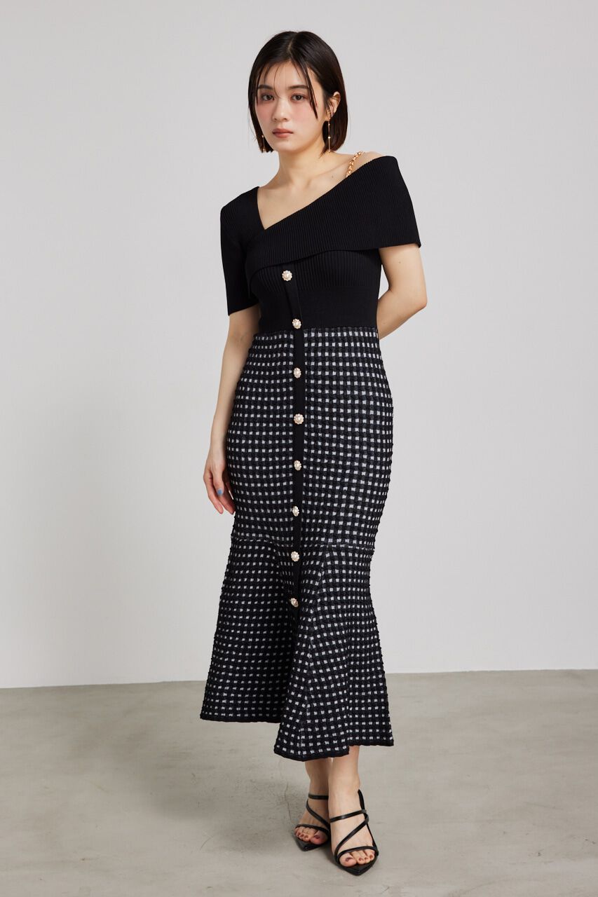 rienda「アシンメトリーツイードハーフKnit OP」|ワンピース|BLK