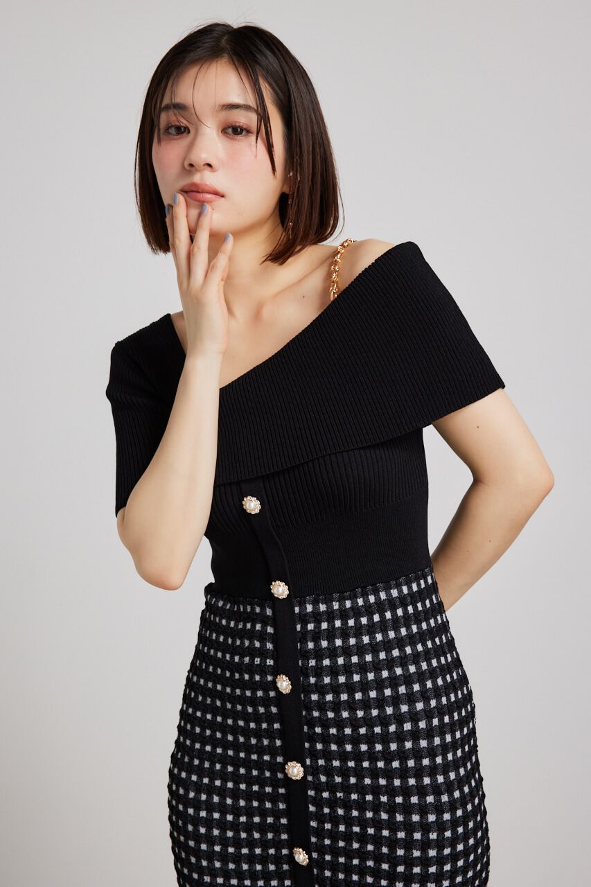 rienda「アシンメトリーツイードハーフKnit OP」|ワンピース|