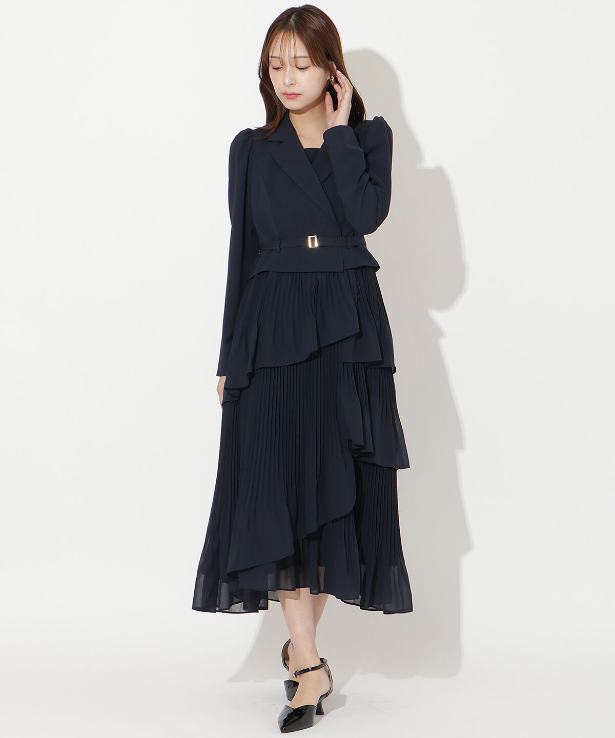 アンドクチュール ジャケットレイヤードプリーツワンピース ブラック アンドクチュール AND COUTURE ジャケットレイヤードプリーツ