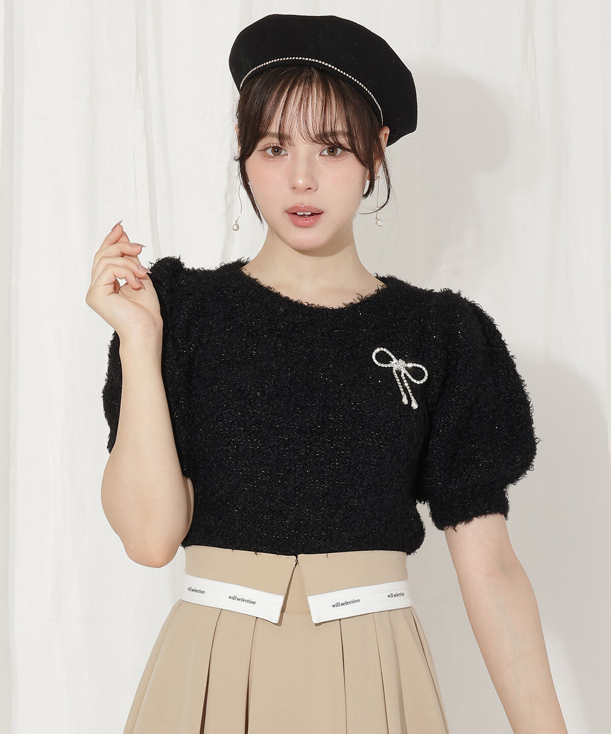 WILLSELECTION「リボンブローチ付きテディヤーンニット」|ニット・セーター|ブラック