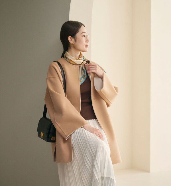 UNITED ARROWS「バイカラー リバー ミドルコート」|ノーカラーコート|