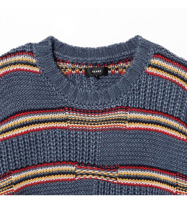BEAMS「3ゲージ リンクス マルチボーダー クルーネック ニット」|ニット・セーター|