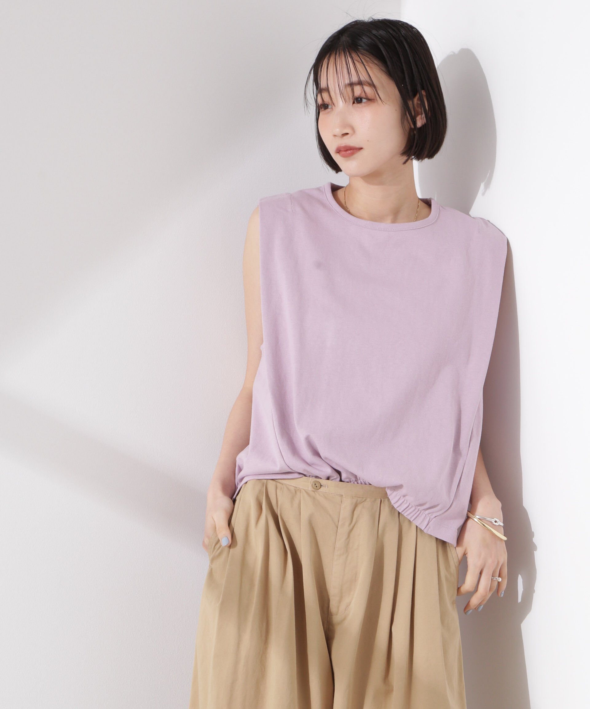 nano･universe「ドライタッチ天竺フロントギャザーヘムノースリーブトップス」|Tシャツ・カットソー|ピンク