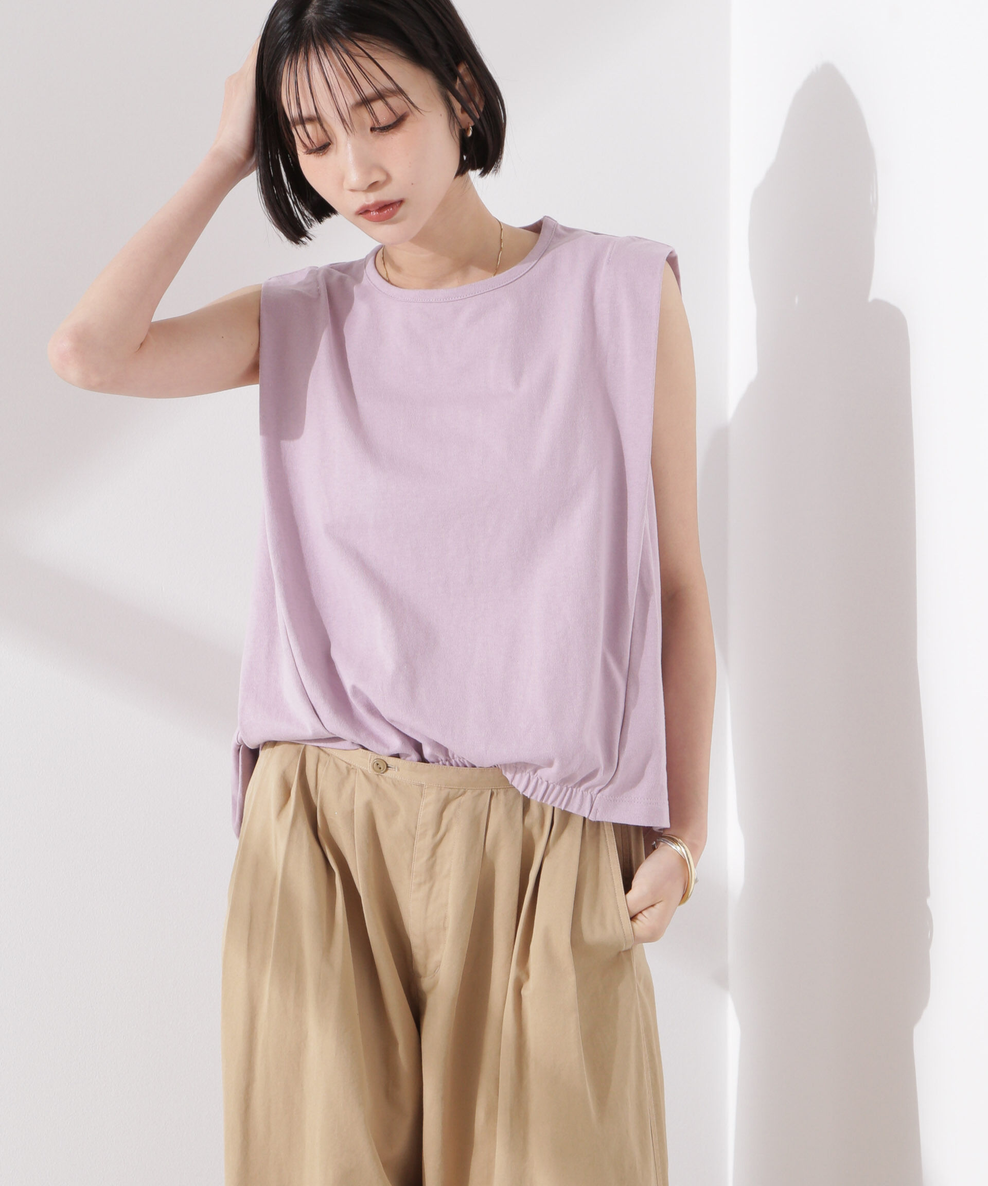nano･universe「ドライタッチ天竺フロントギャザーヘムノースリーブトップス」|Tシャツ・カットソー|