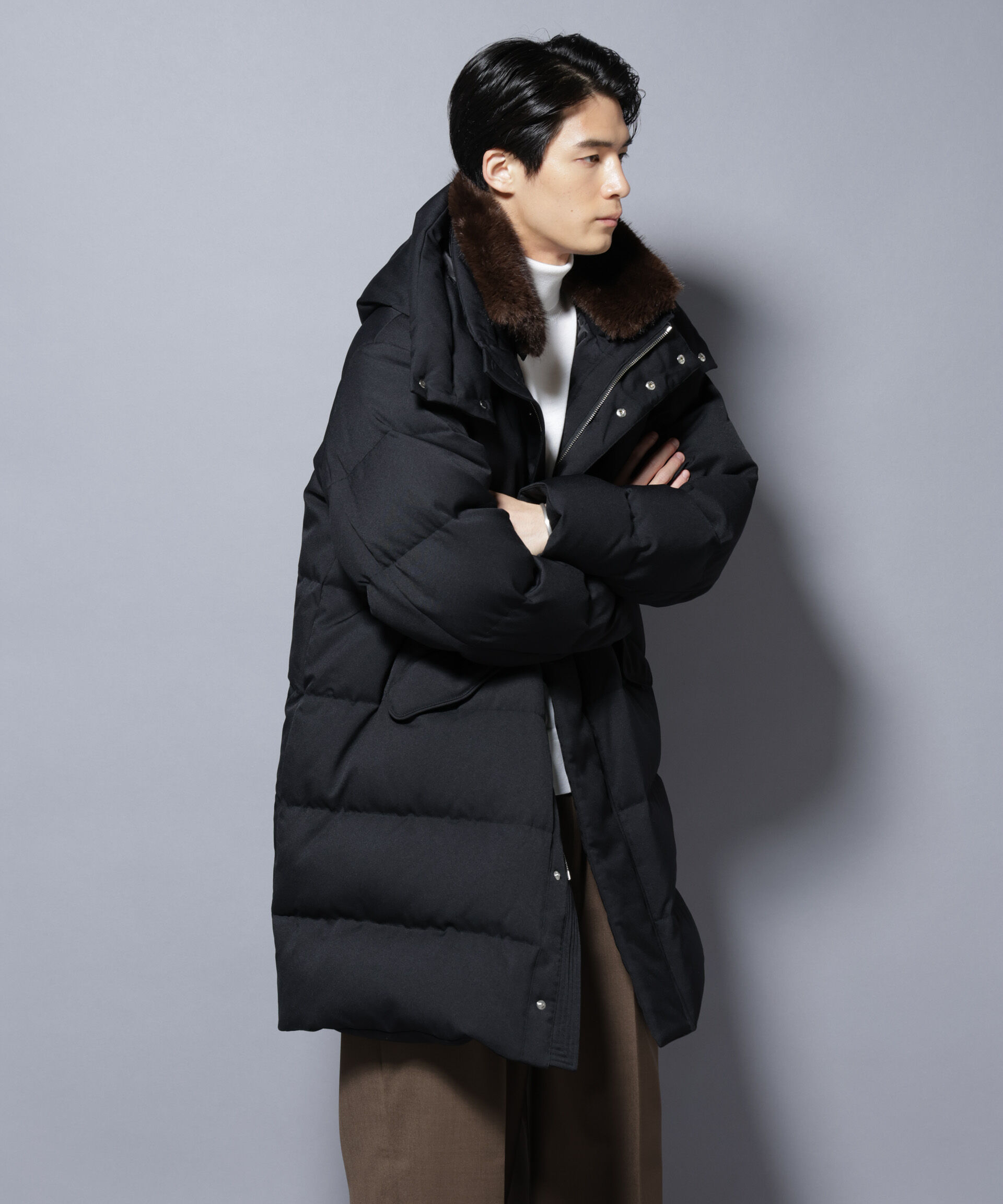 nano･universe「「西川ダウン(R)」フェイクファーカラーサージロングダウン」|ダウン|