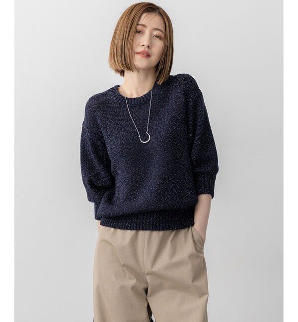 23区「【洗える】ルレックスバルキー5分袖 ラメ ニット」|ニット・セーター|ネイビー系