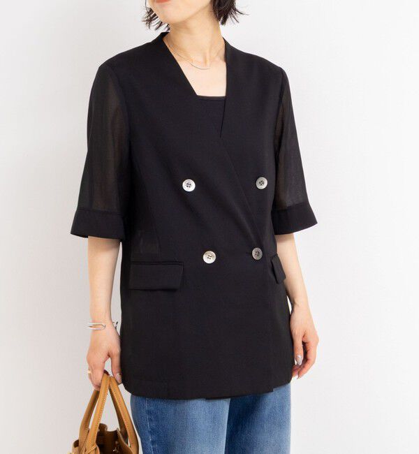 NOLLEY'S「ウォッシャブルリネン風シアー5分袖ジャケット」|ノーカラージャケット|