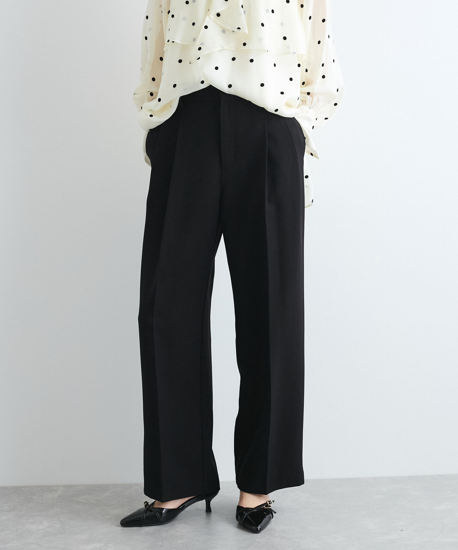 VIS「【新色追加】【美easy】ウーリッシュ2タックワイド/スラックスパンツ【洗える】」|スラックス|ブラック(01)