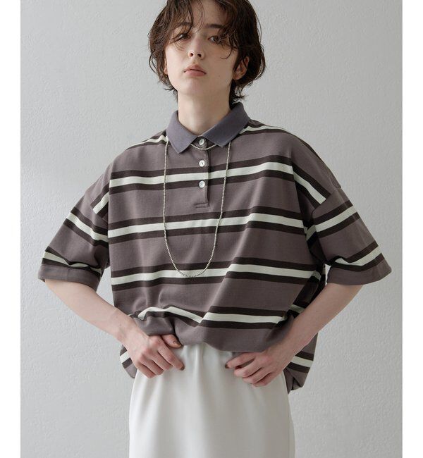 THE PAUSE「【THE PAUSE】ボーダーBIGポロシャツ」|Tシャツ・カットソー|チャコールグレー
