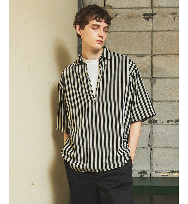 ABAHOUSE「サッカーストライプ スキッパーシャツ / オーバーサイズ / 半袖シャツ」|シャツ・ブラウス|ブラック