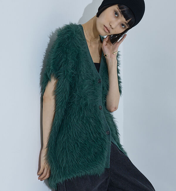 NOMINE「ロング フェザー ニットベスト カーディガン」|ベスト・ジレ|グリーン