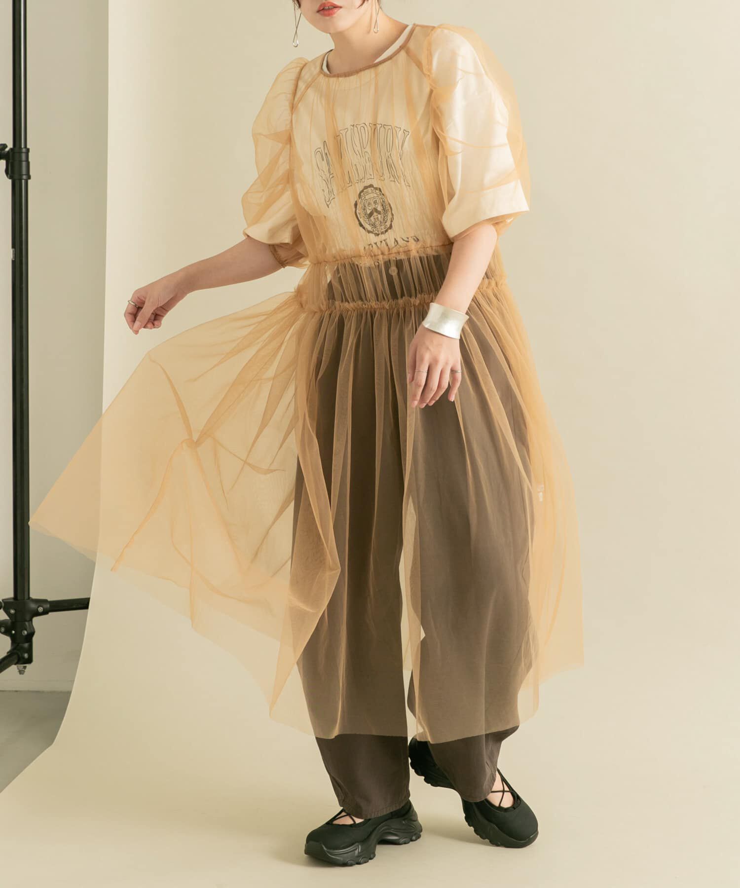  「パワースリーブチュールワンピース」|ワンピース|