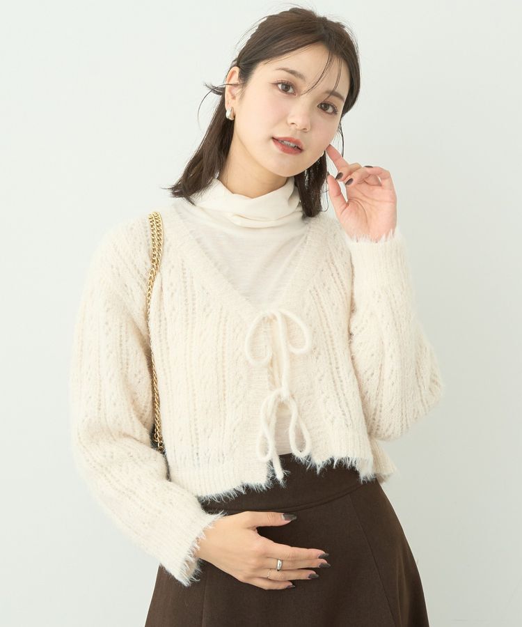 earth music&ecology「フェザーラメフロントリボンニットカーディガン」|カーディガン|Ivory