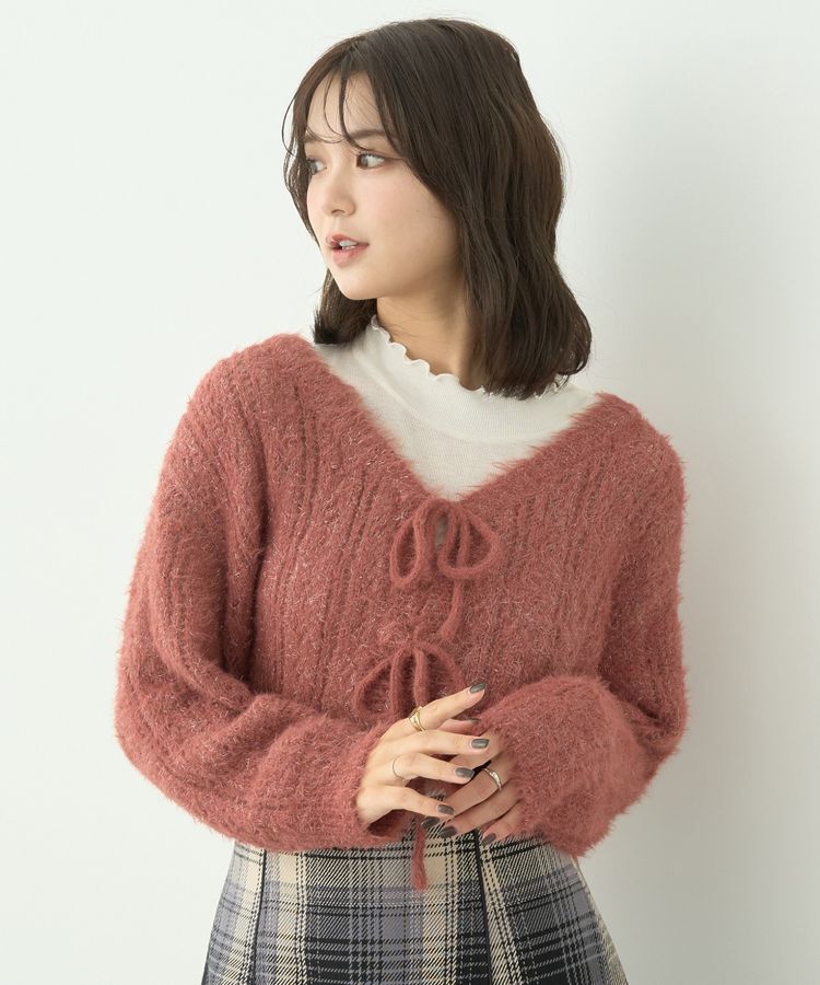 earth music&ecology「フェザーラメフロントリボンニットカーディガン」|カーディガン|