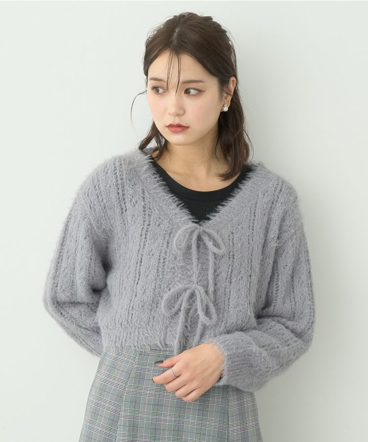 earth music&ecology「フェザーラメフロントリボンニットカーディガン」|カーディガン|Gray