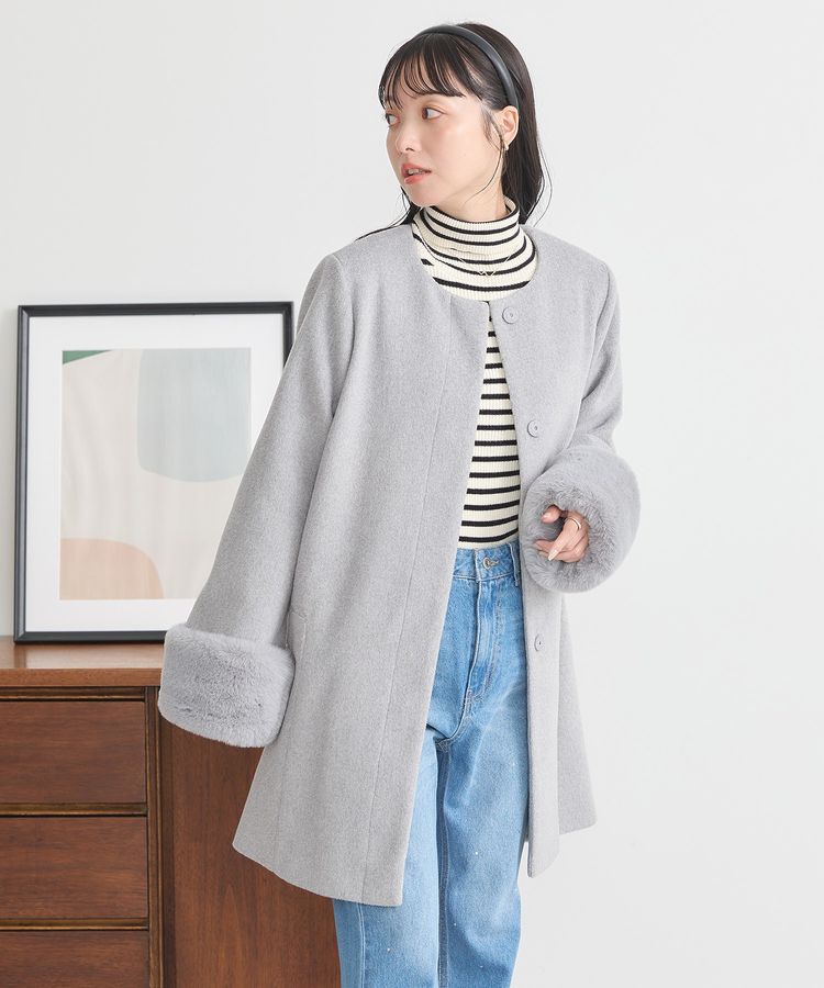 earth music&ecology「ファーカフスノーカラーコート」|ノーカラーコート|