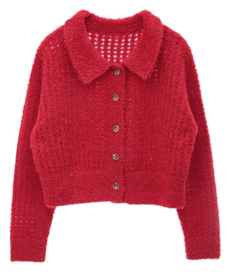 earth music&ecology「格子編み襟付きニットカーディガン」|カーディガン|