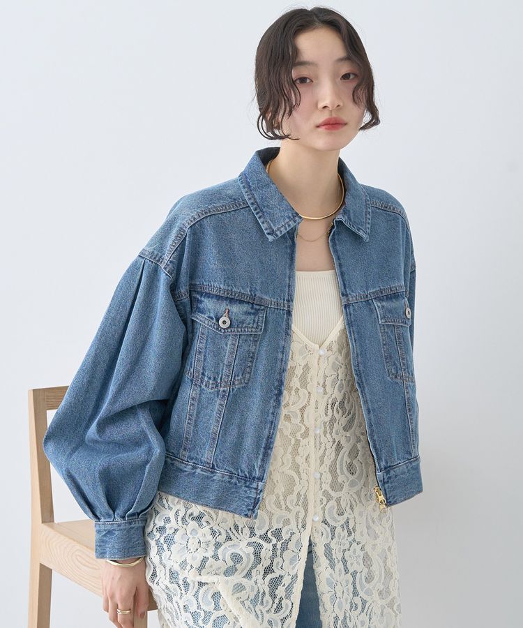 earth music&ecology「ショートジップデニムジャケット」|ブルゾン・スタジャン|Light indigo