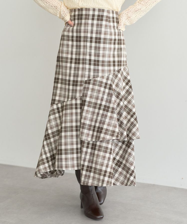earth music&ecology「ティアードイレヘムスカート」|フレア|チェックブラウン