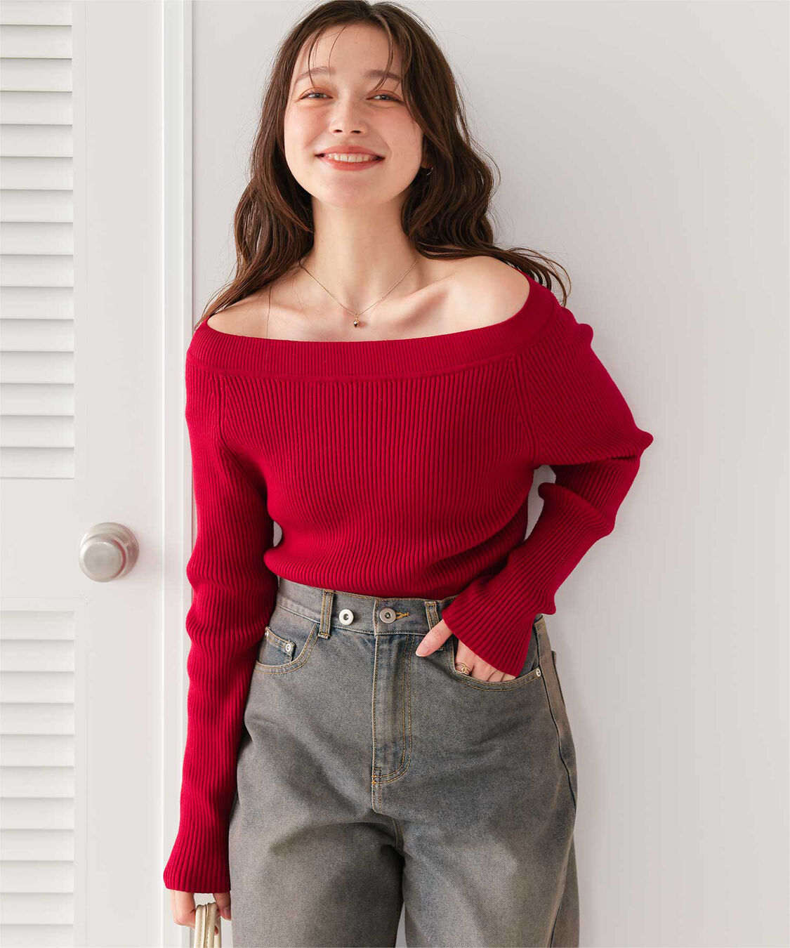 titivate「ウォッシャブルボートネックニット」|ニット・セーター|レッド