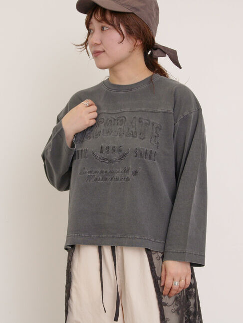 Samansa Mos2「ピグメント加工ロゴ刺繍ロングTシャツ」|Tシャツ・カットソー|