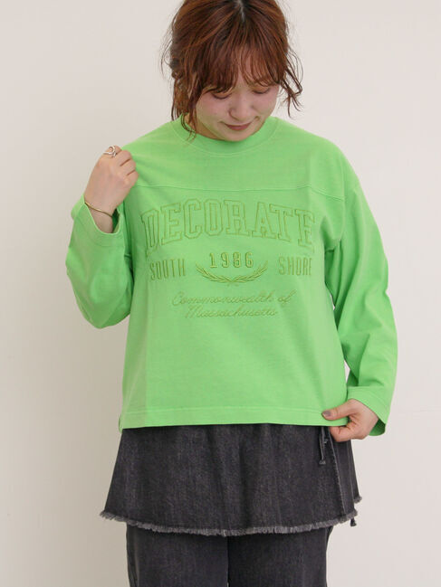 Samansa Mos2「ピグメント加工ロゴ刺繍ロングTシャツ」|Tシャツ・カットソー|グリーン