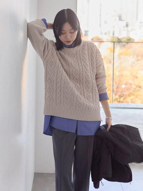 Samansa Mos2 blue「ラメモールケーブルニットプルオーバー」|ニット・セーター|