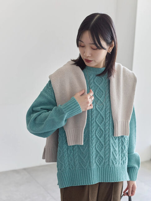 Samansa Mos2 blue「ラメモールケーブルニットプルオーバー」|ニット・セーター|