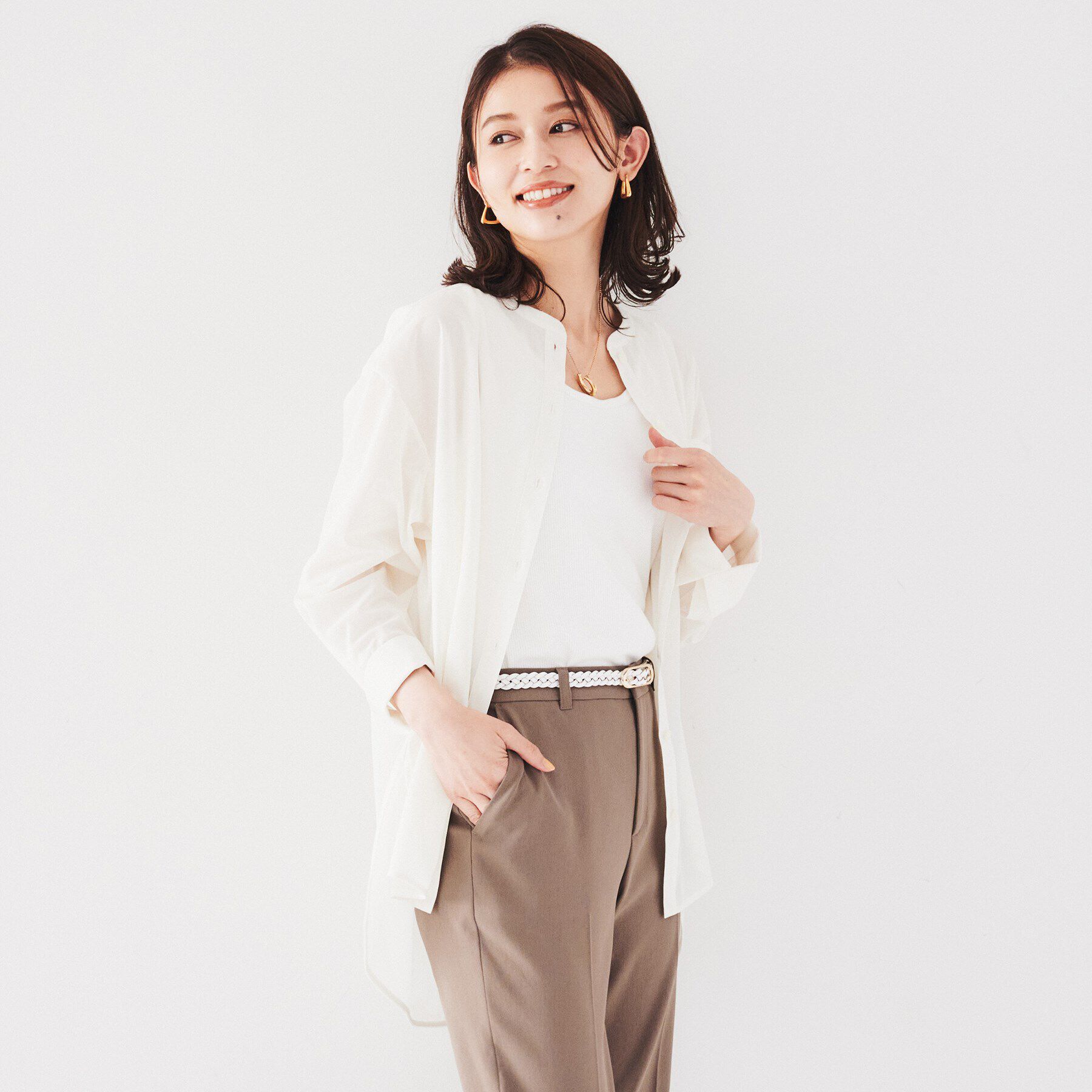 UNTITLED「【ゆったりシルエット/シアー】トリコットバンドカラーシャツ」|シャツ・ブラウス|